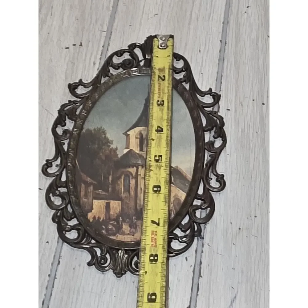 Vintage Italian Oval Ornate Filigree Frame With Gothic European Church Print